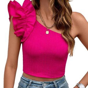 NWT Bright Pink One-Shoulder Ruffle Trim Crop Top - Size S